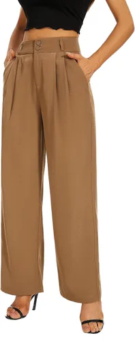 Vista 2 de FUNYYZO Pantalones de vestir de pierna ancha de cintura alta para mujer, plisados, cintura ancha, cintura elástica, pantalones casuales