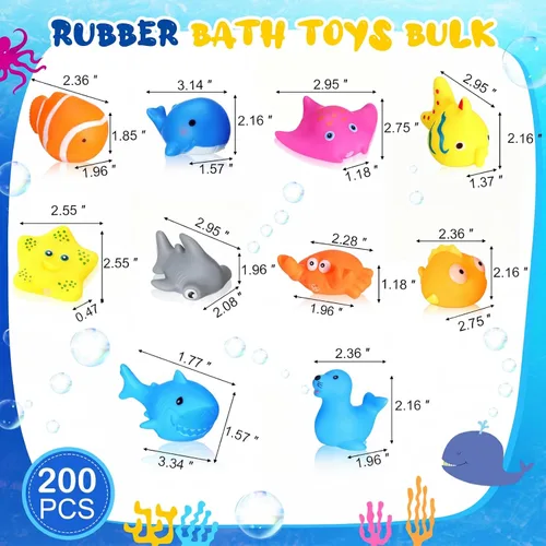 Vista 2 de Poen 100 juguetes de baño de goma a granel, lindos animales marinos, juguetes flotantes, animales chirriantes para fiestas de cumpleaños, regalos