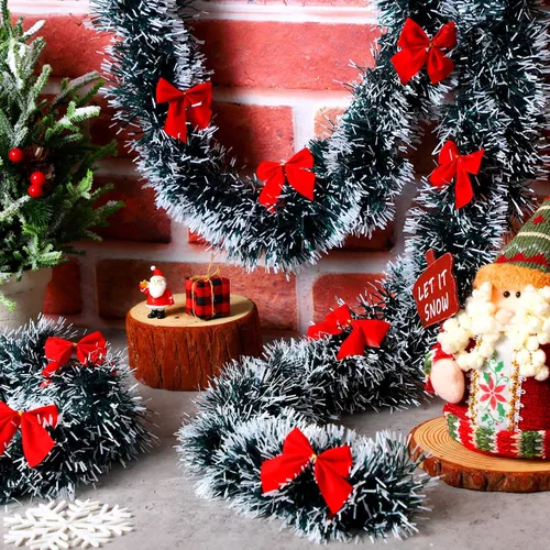 Vista 6 de Riceshoot Guirnalda de oropel de Navidad de 131.23 pies con lazo rojo metálico brillante colgante guirnalda para fiesta de Navidad, árbol, escalera