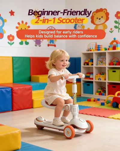 Vista 2 de Foldable Car-Themed 3 Wheel Kids Scooter, Light-Up, Ages 3-8 Blanco