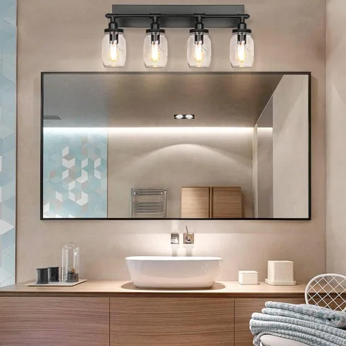 Vista 5 de Lámparas de tocador de baño, apliques de pared industriales negros vintage con persianas de cristal Mason Jar (4 luces)