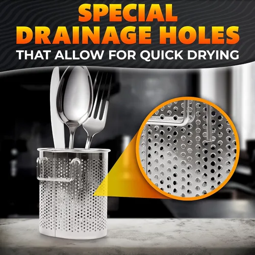 Vista 6 de Palillos Cubiertos y recipiente para utensilios de cocina rack de secado cesta con gancho de acero inoxidable perforado (forma ovalada) – se puede