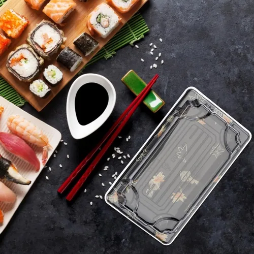 Vista 6 de Yardwe Caja de sushi desechable con tapa, 100 recipientes para sushi, frutas, postres, pasteles, cajas de almacenamiento de alimentos negras
