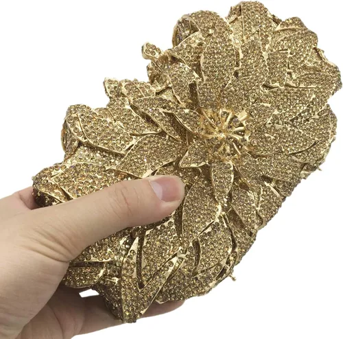 Vista 5 de Boutique De FGG Bolsos de noche con diamantes de imitación de flores para mujer, para fiesta formal, de cristal, bolso de mano de boda, mini Dorado