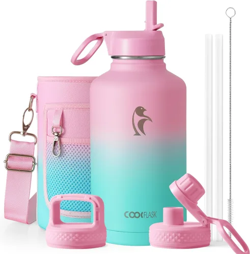Vista 56 de Coolflask Botella de agua de 20 onzas aislada con pajilla, 3 tapas de metal de acero inoxidable, botella de agua de boca ancha para deportes u