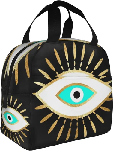 Vista 2 de Hamsa - Bolsa de almuerzo aislada con estampado de ojo malvado de ojo dorado para mujeres y hombres, reutilizable, duradera, impermeable, bolsa