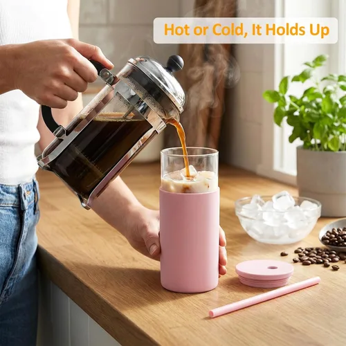 Vista 5 de Tronco Vaso de vidrio de 20 onzas con tapas y pajitas, vasos reutilizables para batidos con tapa de silicona, taza de café helado con funda