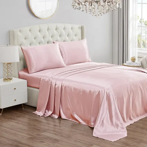 Vista 42 de Juicy Couture Juego de sábanas de satén de tamaño individual, juego de sábanas sedosas de bolsillo profundo con 1 sábana bajera, 1 sábana encimera
