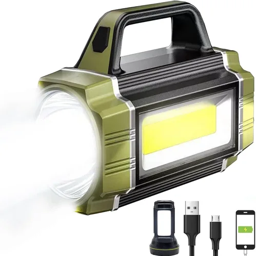 Vista 9 de SUYOOULIN Linterna LED recargable solar, súper brillante, 10000 lm, reflector LED de mano, linterna de campamento, luz de trabajo, 5 modos de luz