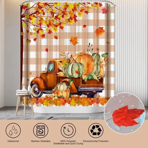 Vista 3 de NBVKO Juego de cortina de ducha de 4 piezas, diseño de Acción de Gracias de otoño, calabaza, camión, cortina de baño con tapete antideslizante