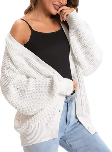 Vista 5 de QUALFORT - Suéter tipo cárdigan de punto para mujer, 100% algodón, de manga larga, con botones y de gran