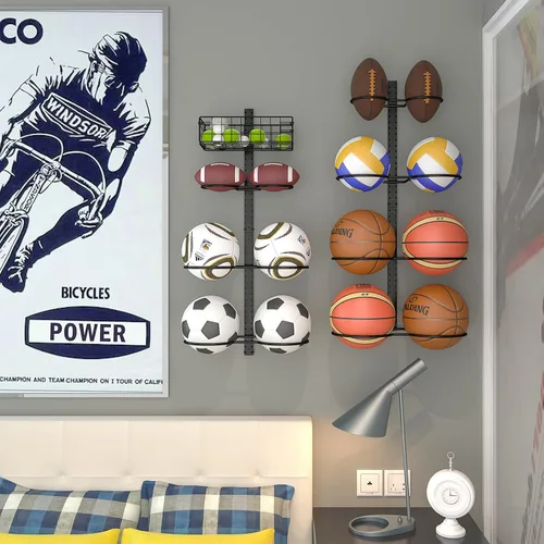 Vista 4 de Estante de baloncesto de 8 niveles desmontable montado en la pared, soporte vertical/horizontal para fútbol, sostiene 14 pelotas, soporte de fútbol