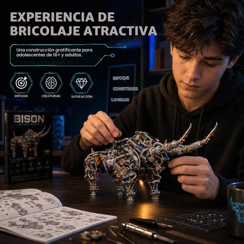 Vista 4 de Rompecabezas de metal 3D para adultos, kits de modelo de metal bisonte, rompecabezas de metal 3D, toros mecánicos, bloques de construcción, montaje