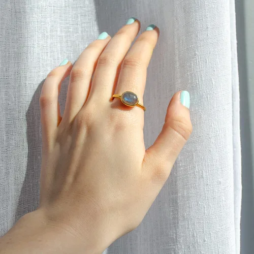 Vista 114 de Oval Birthstone Ring Bezel Set in Vermeil Gold, Sterling Silver, or Rose Gold, Stacking Birthstone Ring [rOMB]