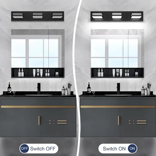 Vista 4 de Moderna lámpara LED para tocador de baño (3 luces, 24 pulgadas) (5CCT, regulable), negro mate moderno para pared de baño