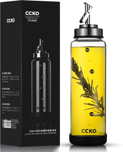 Vista 9 de CCKO Botella dispensadora de aceite de oliva de vidrio con boquillas de acero inoxidable, botella de aceite de oliva de vidrio inastillable, botella