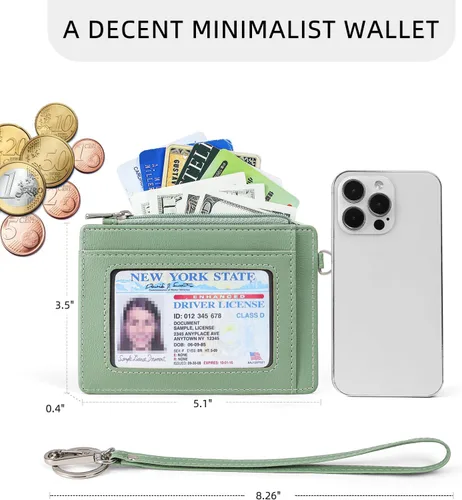 Vista 2 de Cartera de cuero suave con bloqueo RFID para mujer, con bolsillo con cremallera, pulsera delgada, Verde, Elegancia clásica