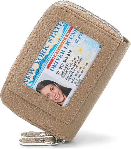 Vista 11 de RNIEGA Cartera pequeña de piel con bloqueo RFID para tarjetas de crédito, cartera pequeña para mujer, doble cremallera con ventana de identificación