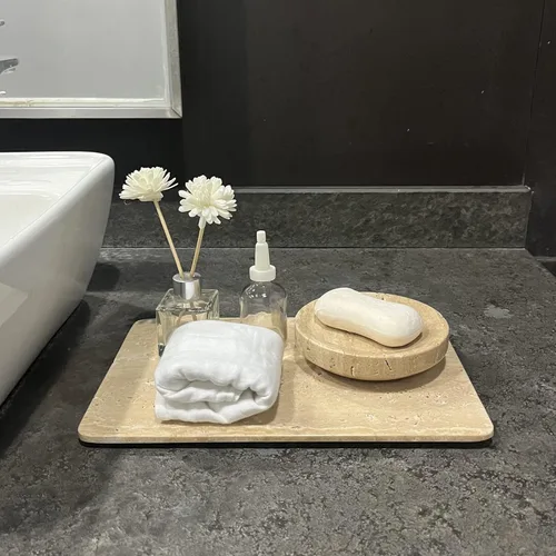 Vista 5 de Bandeja de travertino beige de mármol natural, bandeja de queso de repostería, plato de café de postre, losa de mármol suave de doble cara
