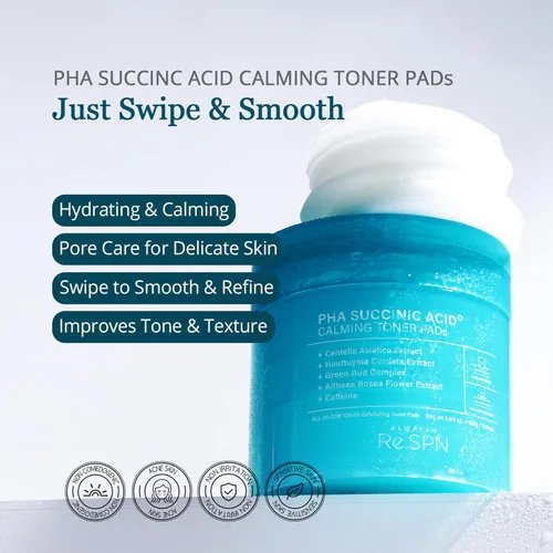 Vista 2 de Re.SPN PHA Almohadillas de Tóner Calmante con Ácido Succínico – Exfoliación, Hidratación y Calmante Diario con CICA, Cafeína, No Comedogénico