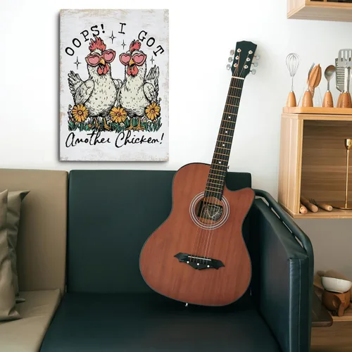 Vista 4 de Divertida decoración de pared en lienzo con diseño de pollo, diseño de pollo, bonito póster con marco de gallina floral campestre, pintura artística