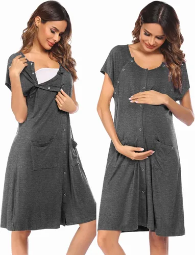 Vista 12 de Ekouaer - Vestido de maternidad 3 en 1 para trabajo de parto/hospital, camisón de lactancia, ropa de dormir para amamantar con botones S-XXL A-Negro