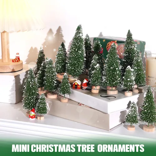 Vista 6 de 30 piezas de mini árboles de Navidad, mini árboles de Navidad artificiales de pino con base de madera, mini árboles de sisal para mesa, decoración