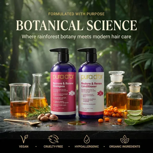 Vista 5 de PURA D'OR Restore & Renew Set de champú y acondicionador para cabello fuerte, saludable y nutrido con aloe vera orgánico, romero, espino amarillo