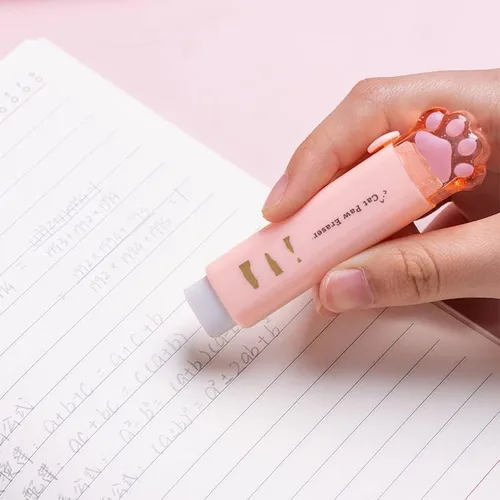 Vista 4 de 4 piezas de borradores retráctiles en forma de pata de gato Kawaii Cutecore Push-Pull de goma para estudiantes, suministros escolares estéticos