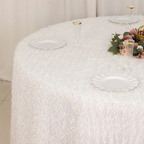 Vista 3 de Balsa Circle Mantel redondo de poliéster de 120 pulgadas, color blanco, con flecos, para bodas, fiestas, eventos, recepción, catering, suministros
