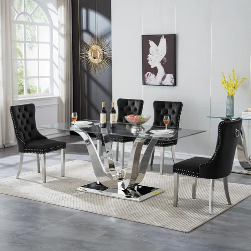 Vista 16 de Moderno juego de mesa de comedor de cristal de 5 piezas para 4, 70 pulgadas rectangular con 4 sillas copetudas de terciopelo beige, juego de mesa
