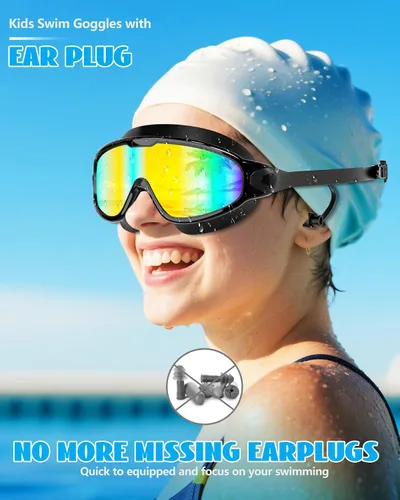 Vista 2 de Aegend Nuevo paquete de 2 gafas de natación de visión amplia para niños, gafas antivaho/anti-UV sin fugas con tapones para los oídos para niños de 3