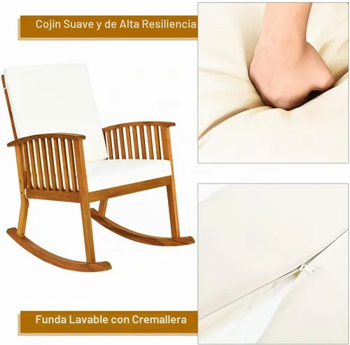 Vista 7 de Tangkula 2 mecedoras de madera de acacia para exteriores, mecedora de madera con cojines lavables desmontables, balancín para porche, jardín, patio