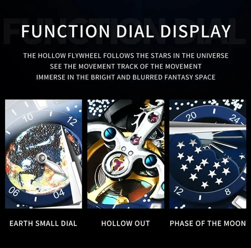 Vista 4 de OLEVS Reloj para hombre, esfera de cielo estrellado, Universo de Vía Láctea, cuerda automática, correa de cuero azul, vestido de moda, impermeable