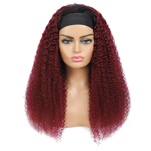 Vista 3 de Peluca con Diadema de Cabello Humano 1B/99J Borgoña Peluca con Diadema de Ondas Profundas Peluca con Diadema Rizada de Color Rojo Sin Pegamento