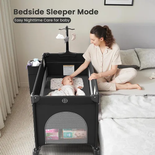 Vista 2 de Paquete grande y juega, cuna portátil con cambiador de pañales, colchón, juguetes y decoración colgantes, moisés de viaje para dormir junto a