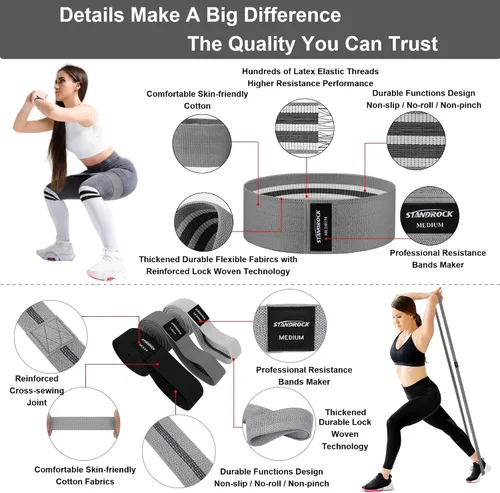 Vista 6 de STANDROCK Bandas de resistencia de tela para entrenamiento, bandas de 3 y 4 niveles, bandas de resistencia largas para mujeres y hombres Bandas