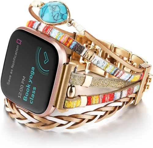 Vista 8 de Pulsera de cuero bohemia compatible con Fitbit Versa 4/Versa 3/Sense/Sense 2 bandas para mujeres y hombres, joyería hecha a mano, correa multicapa