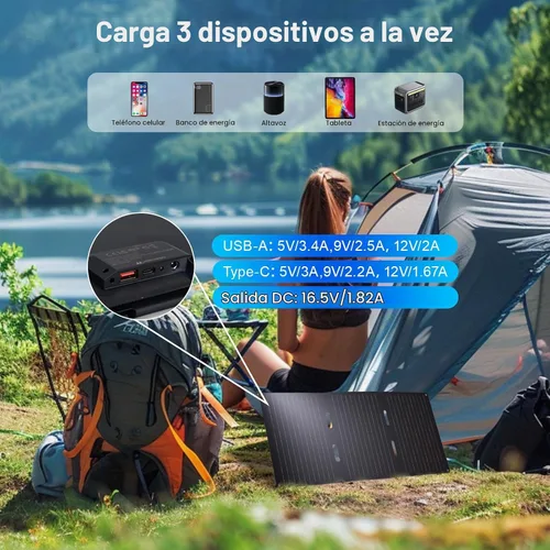Vista 3 de Panel solar portátil de 30W, cargador de panel solar plegable con QC3.0 USB-A USB-C y salida DC para teléfono/banco de energía/iPad/estación