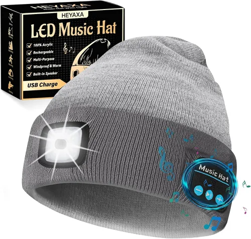Vista 11 de HEYAXA Gorro Bluetooth con LED, Gorro de Música Inalámbrico con 4 LEDs Recargable por USB, Faro de Cabeza para Correr, Regalos para Navidad, Relleno