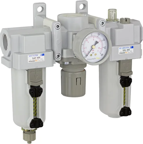 Vista 2 de PneumaticPlus SAU400-N06G Filtro de aire comprimido Regulador Lubricador Combo 3/4" NPT - Cuenco de polietileno, drenaje manual, soporte, calibre