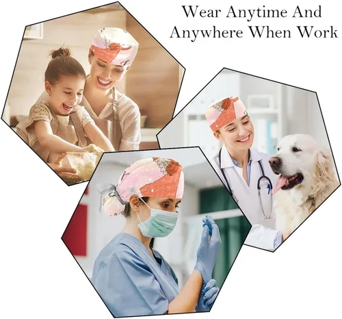 Vista 6 de Working Cap with Buttons Sweatband Ribbon Tie Back Bouffant Hats, Cartoon Animal Penguin