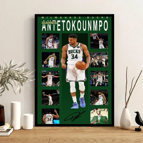 Vista 8 de Póster firmado de la superestrella del baloncesto Giannis Antetokounmpo para niños, decoración de pared, dormitorio, decoración de pared, lienzo