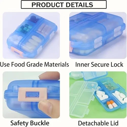 Vista 2 de Organizador de pastillas de viaje portátil, estuche pequeño para bolsillo, pastillero para bolso, organizador de medicinas con 10 compartimentos