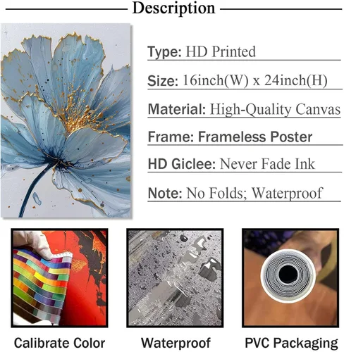 Vista 4 de Pintura botánica azul, estética, imágenes botánicas, elegante póster con estampado floral, arte de pared floral floreciente, cuadro de flores azules