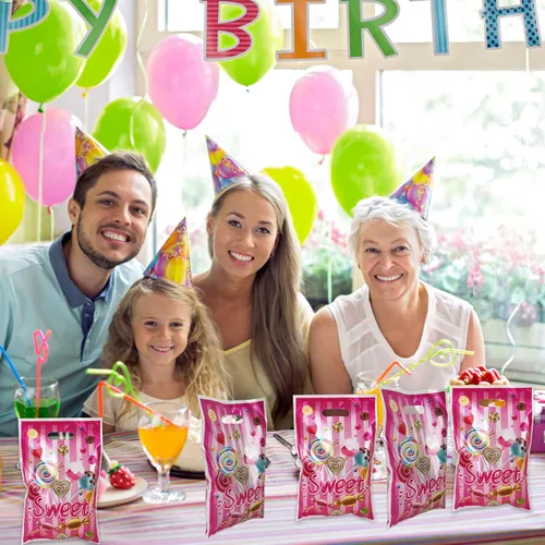 Vista 7 de Rainmae 50 bolsas de regalo de Candyland, regalos de fiesta de piruletas y caramelos, bolsas de golosinas y regalos familiares para dulces temáticos
