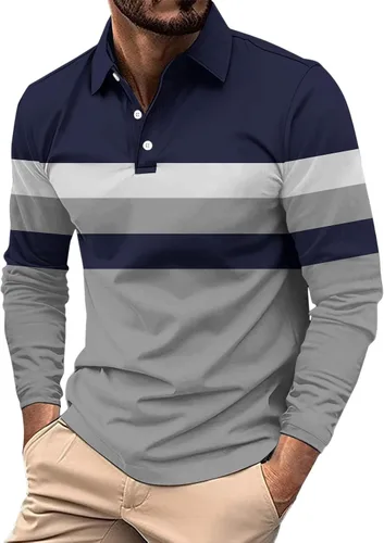 Vista 16 de Camisas polo de manga larga con estampado a rayas para hombre, camiseta de golf para exteriores, cuello en V, camiseta clásica de negocios