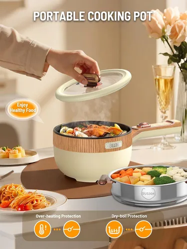 Vista 6 de Olla eléctrica, olla eléctrica portátil de 1.5 L, sartén multifuncional para sopa de filete de ramen con potencia ajustable para dormitorio, hogar