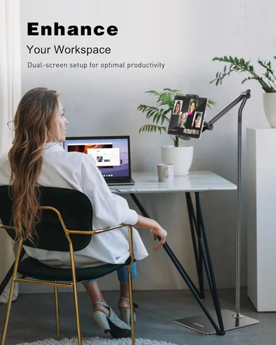 Vista 4 de AboveTEK Soporte de piso para tableta, elegante soporte de piso para iPad de altura ajustable con base estable, soporte de aluminio de rotación