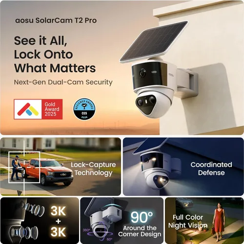 Vista 2 de aosu Cámara de seguridad para exteriores T2 Pro 3K Dual Cam, alimentada por